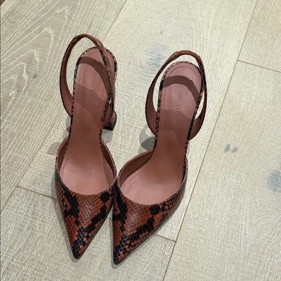 Amina Muaddi Shoes - Amina Muaddi Tan Snake Print Slingback Heels
